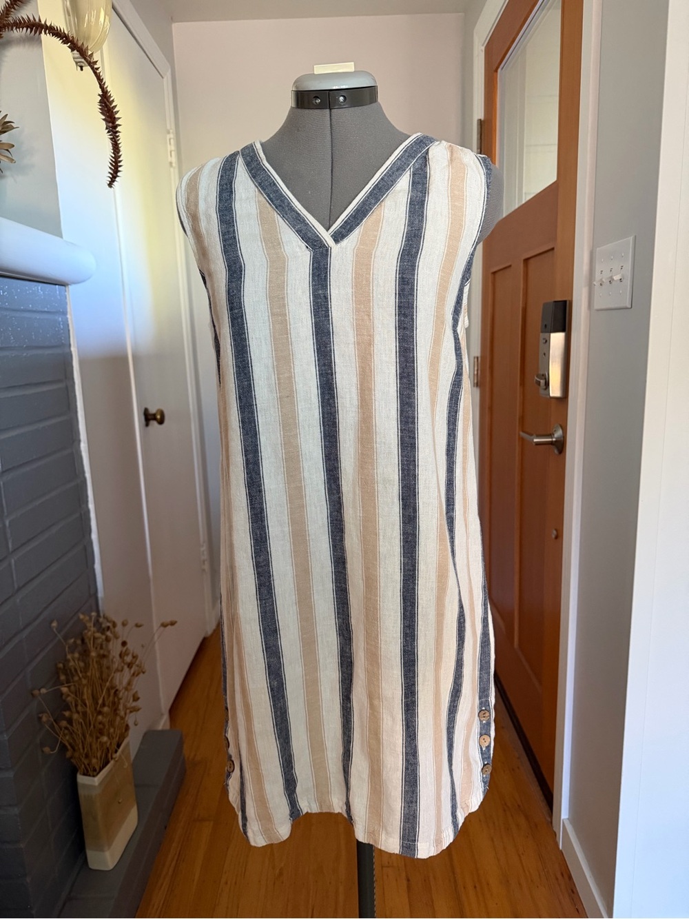 Tahari Sleeveless V-Neck Striped Dress in Beige and Navy